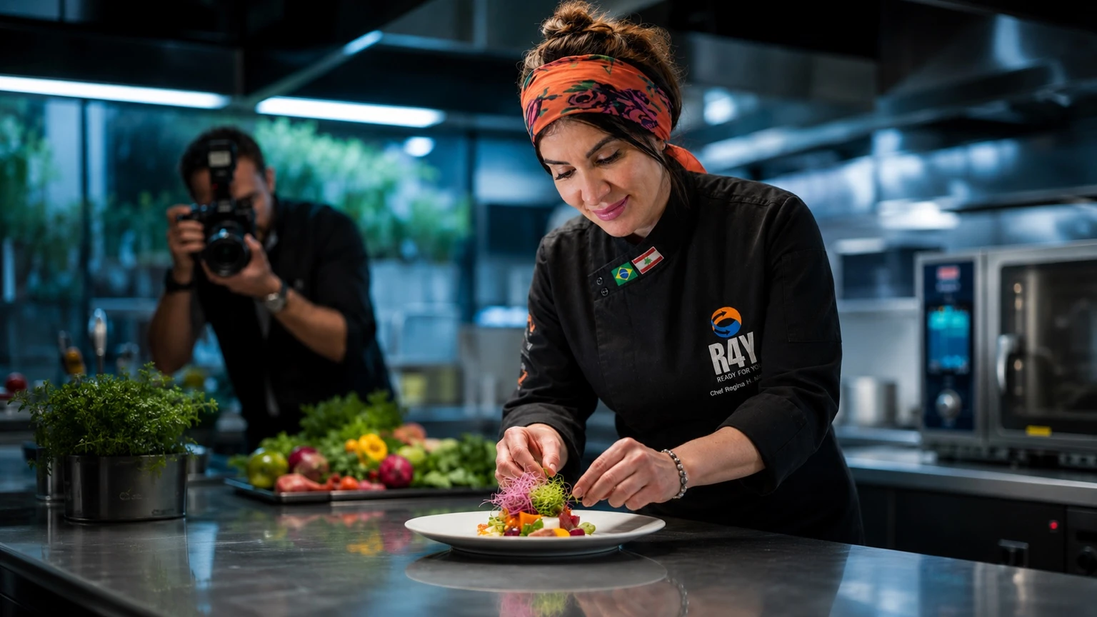 Chef Regina Maatouk finalizando prato para evento no Espaço Convivium