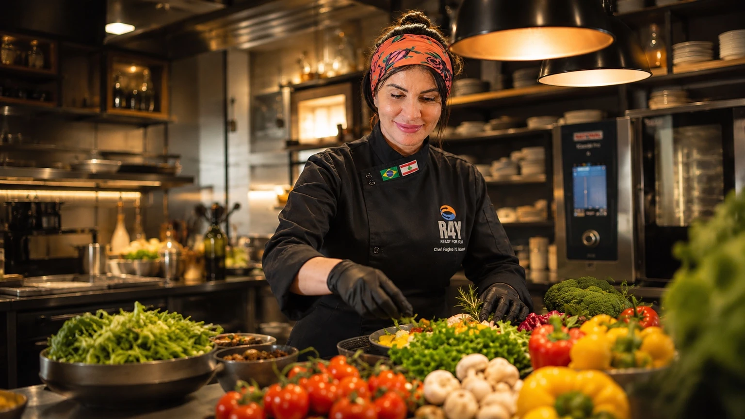 Cozinha-show do Espaço Convivium com forno RATIONAL e ingredientes frescos, pronta para gravação