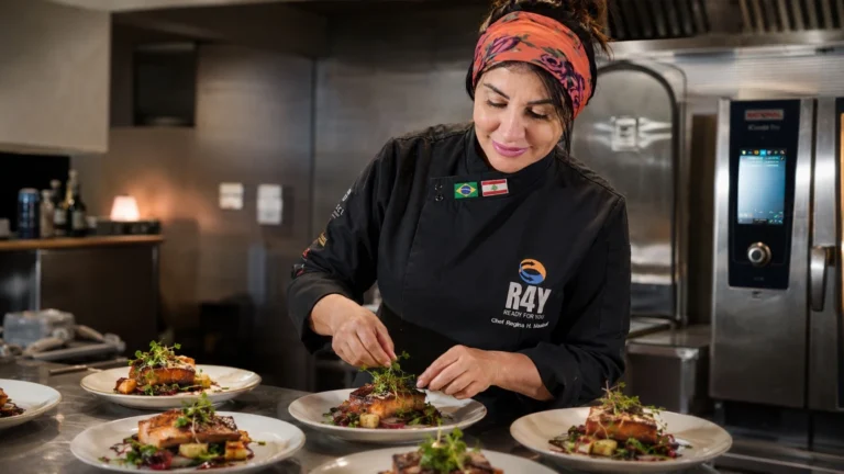 Chef Regina Maatouk temperando prato árabe com limão na cozinha do Alice Monte Líbano