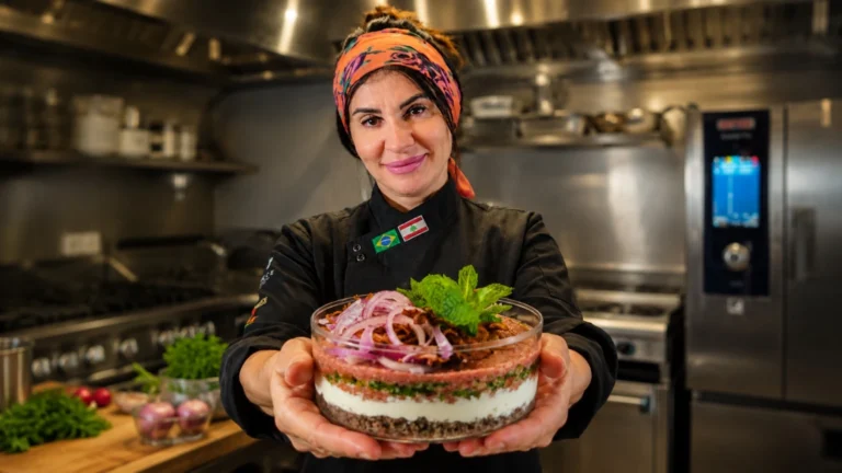 Chef Regina Maatouk finalizando decoração de prato para evento corporativo